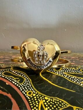 VTG Juicy Couture Y2K Gold Puffy Heart Tiara Crown Rhinestone Cuff Bangle